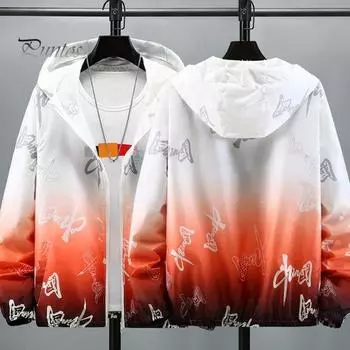 Мужская летняя солнцезащитная одежда с капюшоном и длинным рукавом с градиентным принтом, солнцезащитная куртка с карманами, молния, ледяной шелк, тонкая защита от ультрафиолета L синий