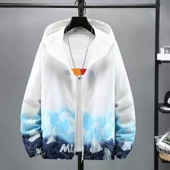 Мужская летняя солнцезащитная одежда с капюшоном и длинным рукавом с градиентным принтом, солнцезащитная куртка с карманами, молния, ледяной шелк, тонкая защита от ультрафиолета L синий