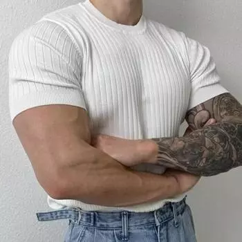 Мужская летняя спортивная футболка трикотажная эластичная резинка с круглым вырезом облегающая однотонная пуловер с короткими рукавами для тренировок M синий