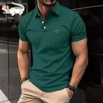 Мужская летняя спортивная рубашка-поло для фитнеса и отдыха с вышивкой, эластичная рубашка-поло с короткими рукавами в вертикальную полоску S армия зеленый
