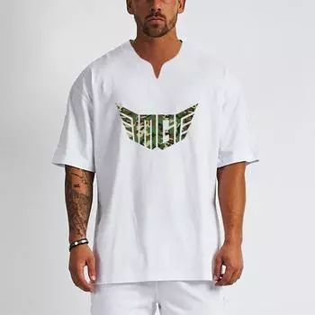 Мужская летняя свободная хлопковая футболка Muscleguys в стиле хип-хоп, молодежная модная повседневная мужская уличная одежда с v-образным вырезом, большие корейские топы с короткими рукавами M чёрный