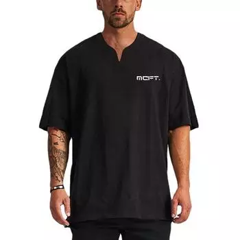 Мужская летняя свободная модная повседневная дышащая базовая футболка из чистого хлопка с v-образным вырезом и принтом, негабаритная футболка для бодибилдинга и тренировок M чёрный