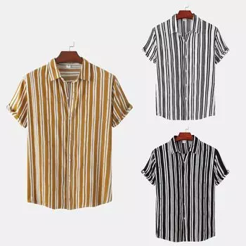 Мужская летняя свободная полосатая повседневная рубашка с коротким рукавом для подростков с застегивающимися лацканами 3XL белый