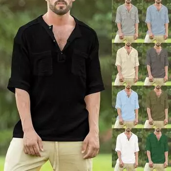 Мужская летняя свободная повседневная хлопково-льняная футболка с коротким рукавом, однотонная футболка с коротким рукавом