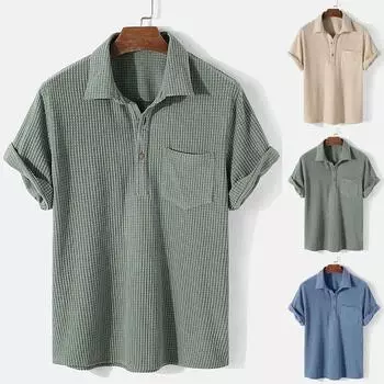 Мужская летняя свободная рубашка с пуговицами в клетку с лацканами, мужская футболка с карманом и коротким рукавом L синий