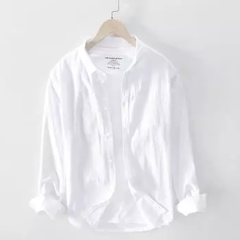 Мужская летняя тонкая льняная рубашка, повседневный топ с длинным рукавом, молодежная рубашка-кардиган из хлопка и льна в японском стиле XXXL белый