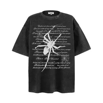 Мужская летняя трендовая футболка Dark Style High Street с принтом паука и короткими рукавами, потертая и потертая футболка на основе из чистого хлопка M чёрный