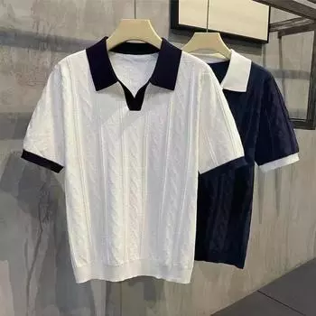 Мужская летняя трикотажная рубашка-поло Slim Fit - корейский стиль, короткий рукав, чистый цвет, Ice Silk с повседневным лацканом M белый