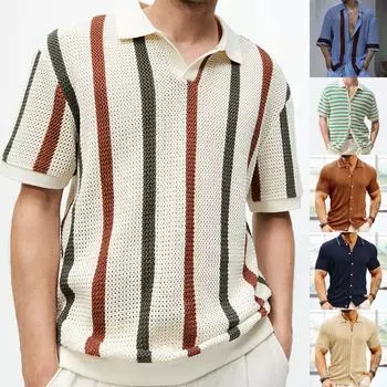 Мужская летняя трикотажная рубашка с короткими рукавами и лацканами, тонкая модная дышащая мужская деловая рубашка L бежевый