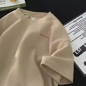 Мужская летняя вафельная футболка в японском стиле с коротким рукавом свободного покроя Large абрикосовый