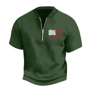 Мужская летняя винтажная футболка с полумолнией и принтом флага Дня независимости с коротким рукавом L армия зеленый