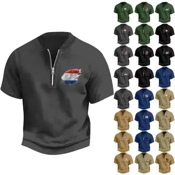 Мужская летняя винтажная футболка с полумолнией и принтом флага Дня независимости с коротким рукавом XXXL