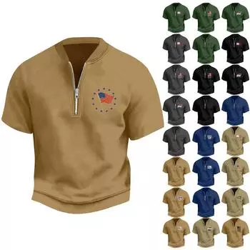 Мужская летняя винтажная футболка с полумолнией и принтом флага Дня независимости с коротким рукавом L армия зеленый