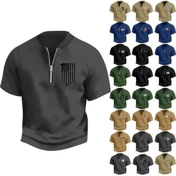 Мужская летняя винтажная футболка с полумолнией и принтом флага Дня независимости с коротким рукавом L армия зеленый