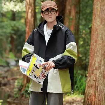 Мужская лоскутная ветровка с капюшоном, пальто, непромокаемая верхняя одежда, весенне-осенняя уличная походная куртка для пары