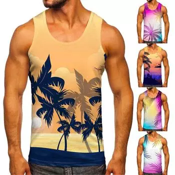 Мужская майка с гавайским принтом, пляжная майка, футболка, повседневный удобный топ без рукавов XL бежевый