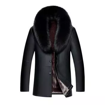 Мужская меховая шуба средней длины из натуральной овчины, воротник из лисьего меха, мужская цельная меховая шуба, кожаная куртка M чёрный