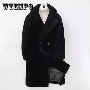 Мужская меховая ветровка, кашемировая парка, зимняя толстая теплая куртка, свободное повседневное пальто, длинное XXXXL чёрный