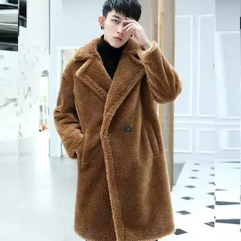 Мужская меховая ветровка, кашемировая парка, зимняя толстая теплая куртка, свободное повседневное пальто, длинное L верблюд