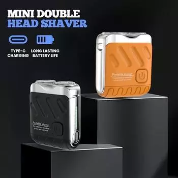 Мужская мини-электробритва с двумя головками, водонепроницаемая, перезаряжаемая, дорожная роторная бритва, портативный триммер для бороды и волос оранжевый