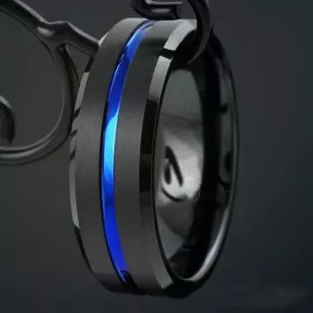 Мужская мода 8 мм черное кольцо из матовой нержавеющей стали с тонкой синей линией и пазом, мужское обручальное кольцо премиум-класса, ювелирные изделия 6