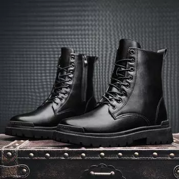 Мужская мода британские высокие осенние повседневные ботинки большие черные кожаные туфли рабочая одежда челси высококачественные короткие ботинки 2024 39 чёрный