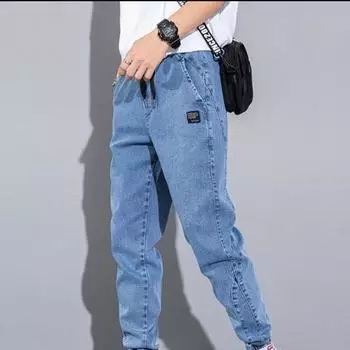 Мужская мода, черные, синие, серые джинсы, уличная одежда, брюки для бега, брюки размера плюс 8XL, повседневная прямая уличная одежда, свободные джинсы с эластичной резинкой на талии 4XL чёрный