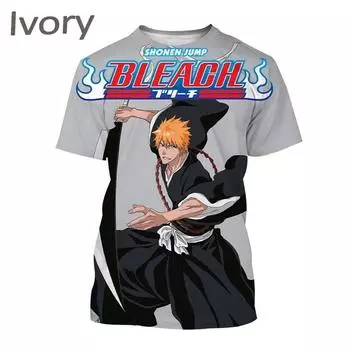 Мужская мода Cool Kurosaki Ichigo с круглым вырезом Повседневная унисекс Косплей Крутая футболка Японское аниме BLEACH 3D Печать Футболка Топы S