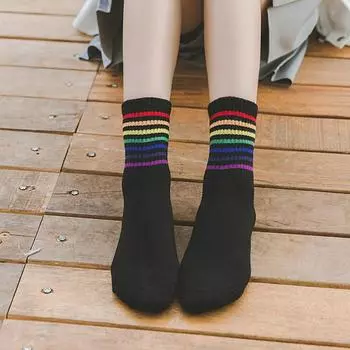 Мужская мода, цветные дышащие повседневные радужные носки, хлопковые носки в полоску с радужными полосками white-B