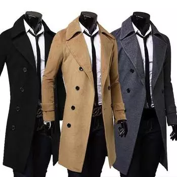 Мужская мода Длинный плащ Флисовая шерстяная куртка Slim Fit Peacoat Пальто 3XL чёрный