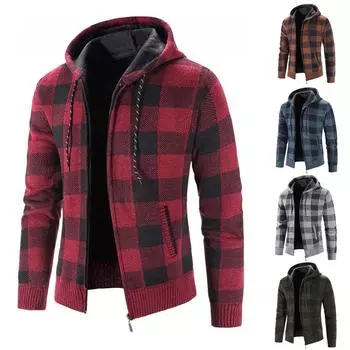 Мужская мода для отдыха с длинным рукавом теплая клетчатая куртка с капюшоном и принтом Топ XL синий