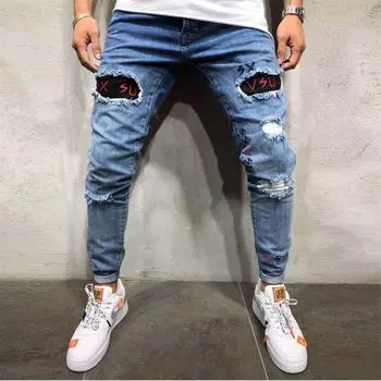 Мужская мода джинсовые хлопковые брюки с прямыми карманами и потертостями джинсы брюки L