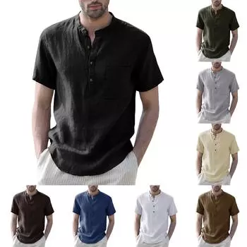 Мужская мода хлопок конопля хиппи повседневная карманная пляжная футболка с коротким рукавом