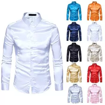 Мужская мода, однотонная индивидуальная повседневная тонкая рубашка с длинными рукавами и лацканами, топ XL синий