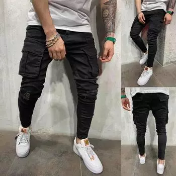 Мужская мода, однотонные джинсовые брюки, потертые джинсы, длинные брюки, уличная одежда S чёрный
