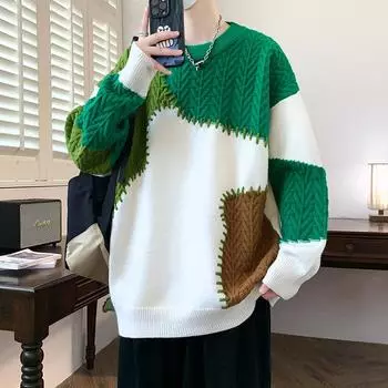 Мужская мода пэчворк вязаный свитер круглый вырез повседневный трикотажные пуловеры мужчины XL чёрный