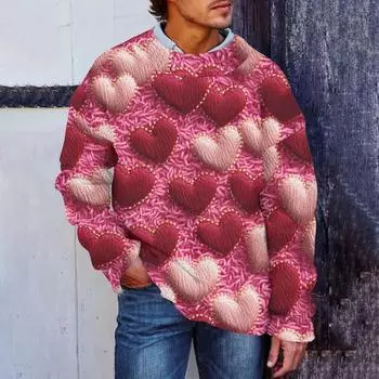 Мужская мода Повседневная кофта с длинными рукавами на День святого Валентина Нежный принтованный свитер с круглым вырезом из шерсти и имитацией цветка Толстовка с капюшоном с круглым вырезом Свободные длинные рукава L горячий розовый