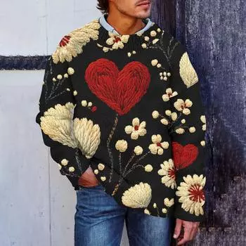 Мужская мода Повседневная кофта с длинными рукавами на День святого Валентина Нежный принтованный свитер с круглым вырезом из шерсти и имитацией цветка Толстовка с капюшоном с круглым вырезом Свободные длинные рукава L горячий розовый