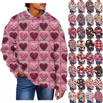 Мужская мода Повседневная кофта с длинными рукавами на День святого Валентина Нежный принтованный свитер с круглым вырезом из шерсти и имитацией цветка Толстовка с капюшоном с круглым вырезом Свободные длинные рукава L киноварь