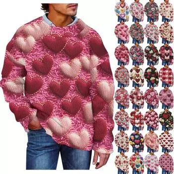 Мужская мода Повседневная кофта с длинными рукавами на День святого Валентина Нежный принтованный свитер с круглым вырезом из шерсти и имитацией цветка Толстовка с капюшоном с круглым вырезом Свободные длинные рукава M