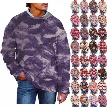 Мужская мода Повседневная кофта с длинными рукавами на День святого Валентина Нежный принтованный свитер с круглым вырезом из шерсти и имитацией цветка Толстовка с капюшоном с круглым вырезом Свободные длинные рукава XXL