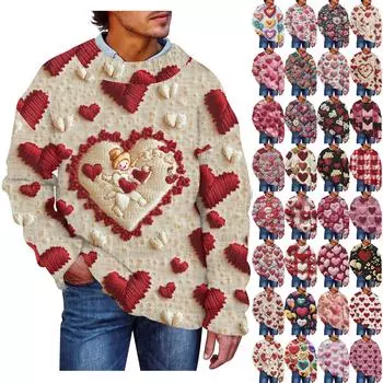 Мужская мода Повседневная кофта с длинными рукавами на День святого Валентина Нежный принтованный свитер с круглым вырезом из шерсти и имитацией цветка Толстовка с капюшоном с круглым вырезом Свободные длинные рукава L горячий розовый