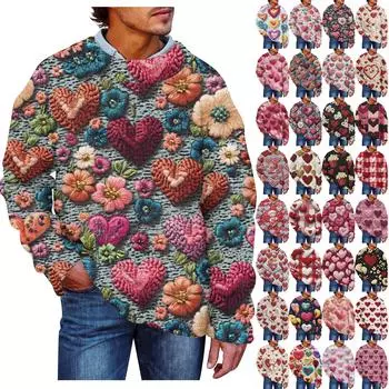 Мужская мода Повседневная кофта с длинными рукавами на День святого Валентина Нежный принтованный свитер с круглым вырезом из шерсти и имитацией цветка Толстовка с капюшоном с круглым вырезом Свободные длинные рукава XXXXXL