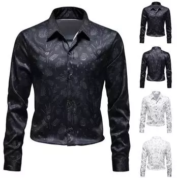 Мужская мода, повседневная рубашка с длинным рукавом и отворотом с принтом, рубашка, топ, блузка L чёрный