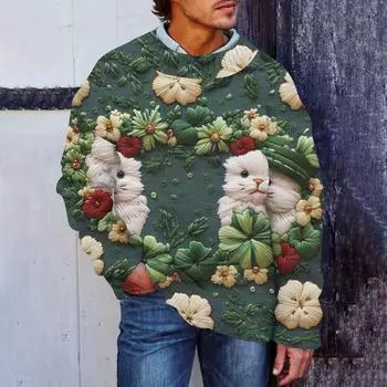Мужская мода повседневная с длинным рукавом St. Pacrit Gentle Printed Crewneck Woolen Imitation свитер Цветочный Crewneck Sweatshirt Loose Long Sleeves L армия зеленый