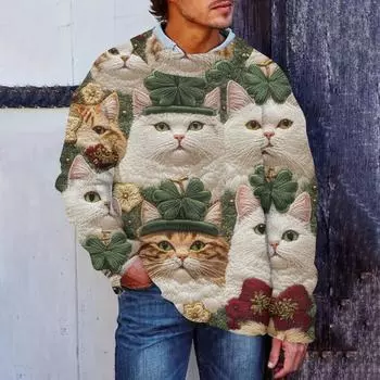 Мужская мода повседневная с длинным рукавом St. Pacrit Gentle Printed Crewneck Woolen Imitation свитер Цветочный Crewneck Sweatshirt Loose Long Sleeves L армия зеленый