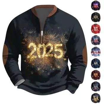 Мужская мода повседневная свободная толстовка с длинным рукавом на молнии с принтом на новый год 2025 года L чёрный
