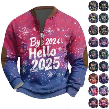 Мужская мода повседневная свободная толстовка с длинным рукавом на молнии с принтом на новый год 2025 года L чёрный