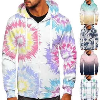 Мужская мода повседневная застежка-молния с градиентным принтом тай-дай и куртка-толстовка с капюшоном XXXL белый