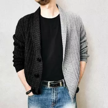 Мужская мода повседневное лоскутное вязание кардигана с длинными рукавами и пуговицами пальто топ L чёрный